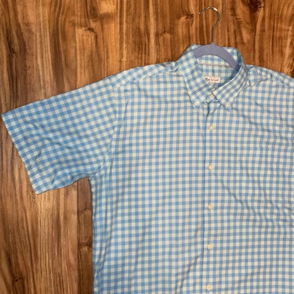 Peter Millar mens shirt large collar button down blue check short sleeve stretch - Picture 2 of 8